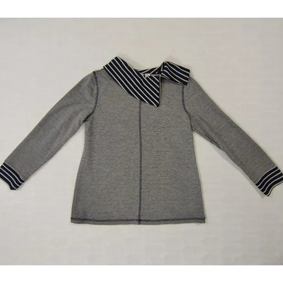 Weekend by Chico's Striped Collar Top Sz 0 (S/M) Cowl Neck Gray Blue Long Sleeve - Picture 14 of 16